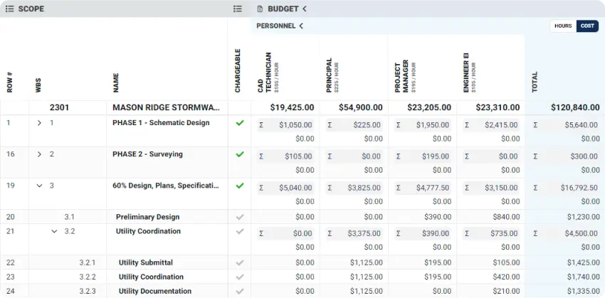 Project grid in the InScope software